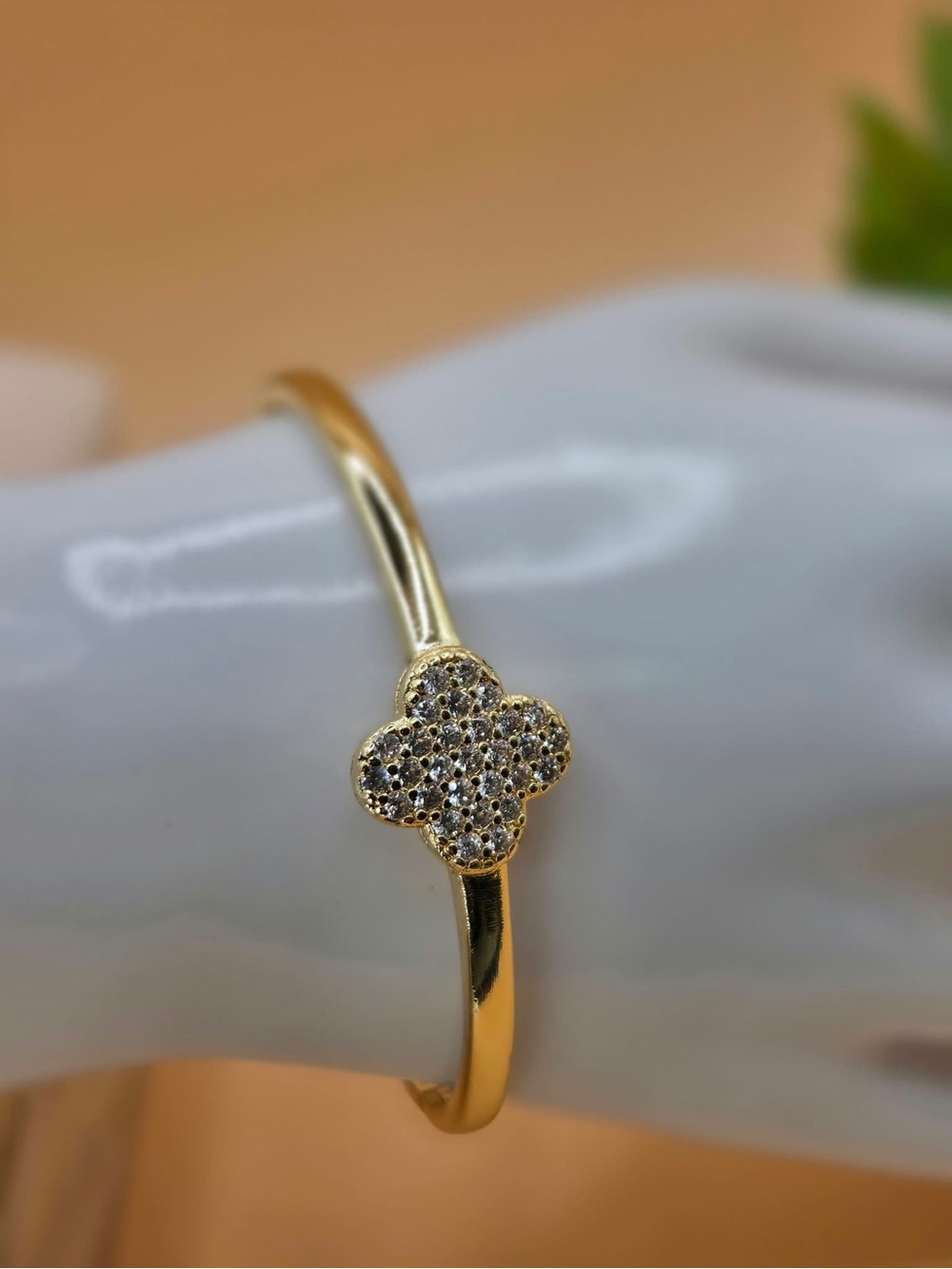 Gold Plated Pavé Clover Bangle Bracelet - Women Jewelry